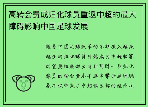 高转会费成归化球员重返中超的最大障碍影响中国足球发展