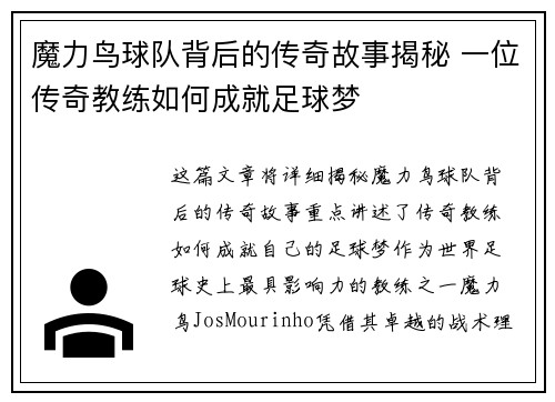魔力鸟球队背后的传奇故事揭秘 一位传奇教练如何成就足球梦