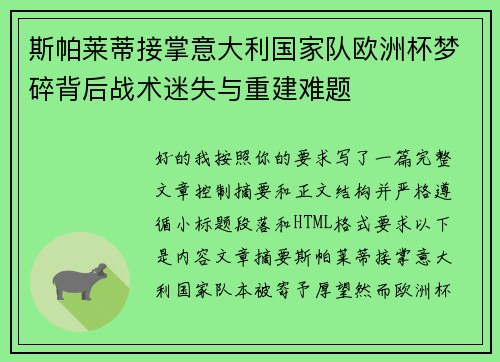 斯帕莱蒂接掌意大利国家队欧洲杯梦碎背后战术迷失与重建难题