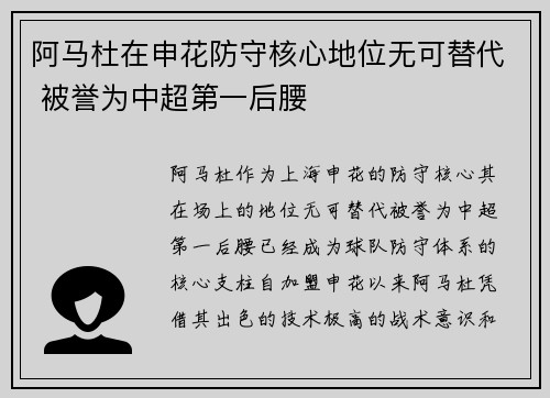 阿马杜在申花防守核心地位无可替代 被誉为中超第一后腰