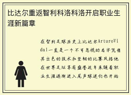 比达尔重返智利科洛科洛开启职业生涯新篇章 比达尔重返智利科洛科洛开启职业生涯新篇章